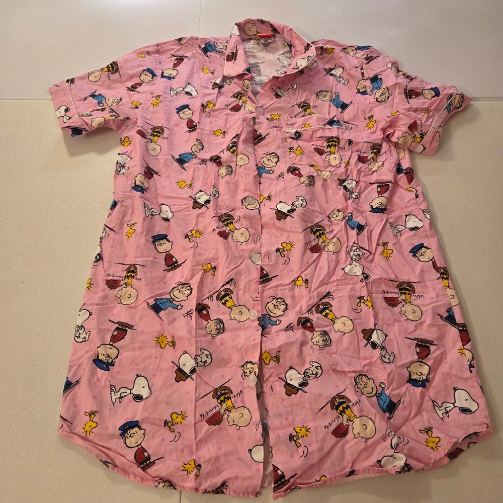 Peanuts Cool Planet Pink Snoopy Charlie Brown Button Front Night Shirt Size F